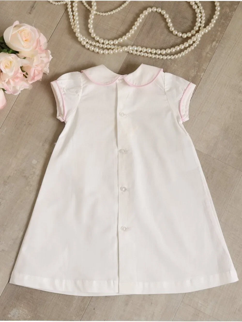 White Cotton Daygown Pink Piping Shadow Embroidery Moon Bear Preemie Coming Home